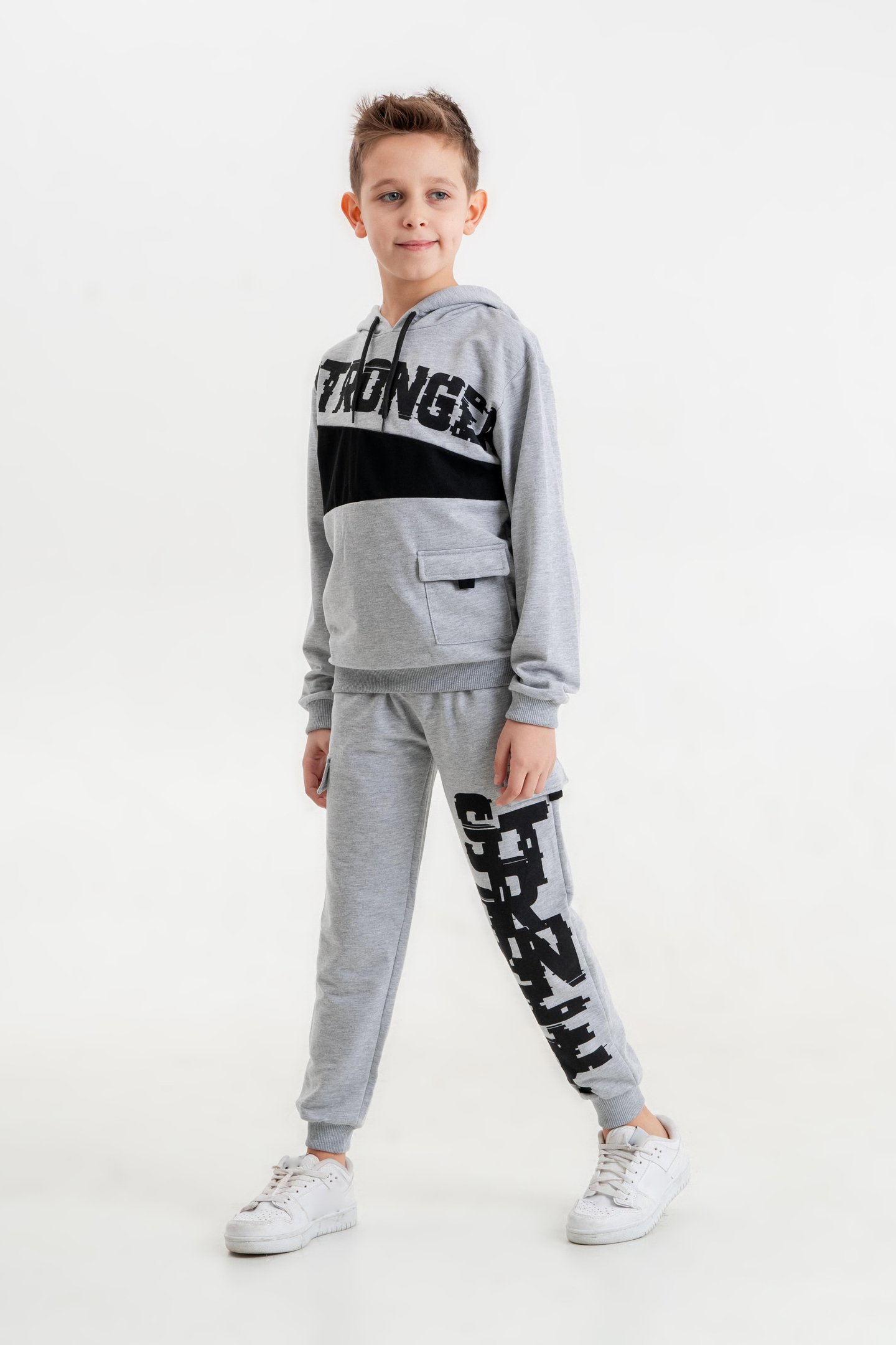 Stronger Baskılı Parçalı Kargo Cep Detaylı Alt Üst Çocuk Eşofman Takımı