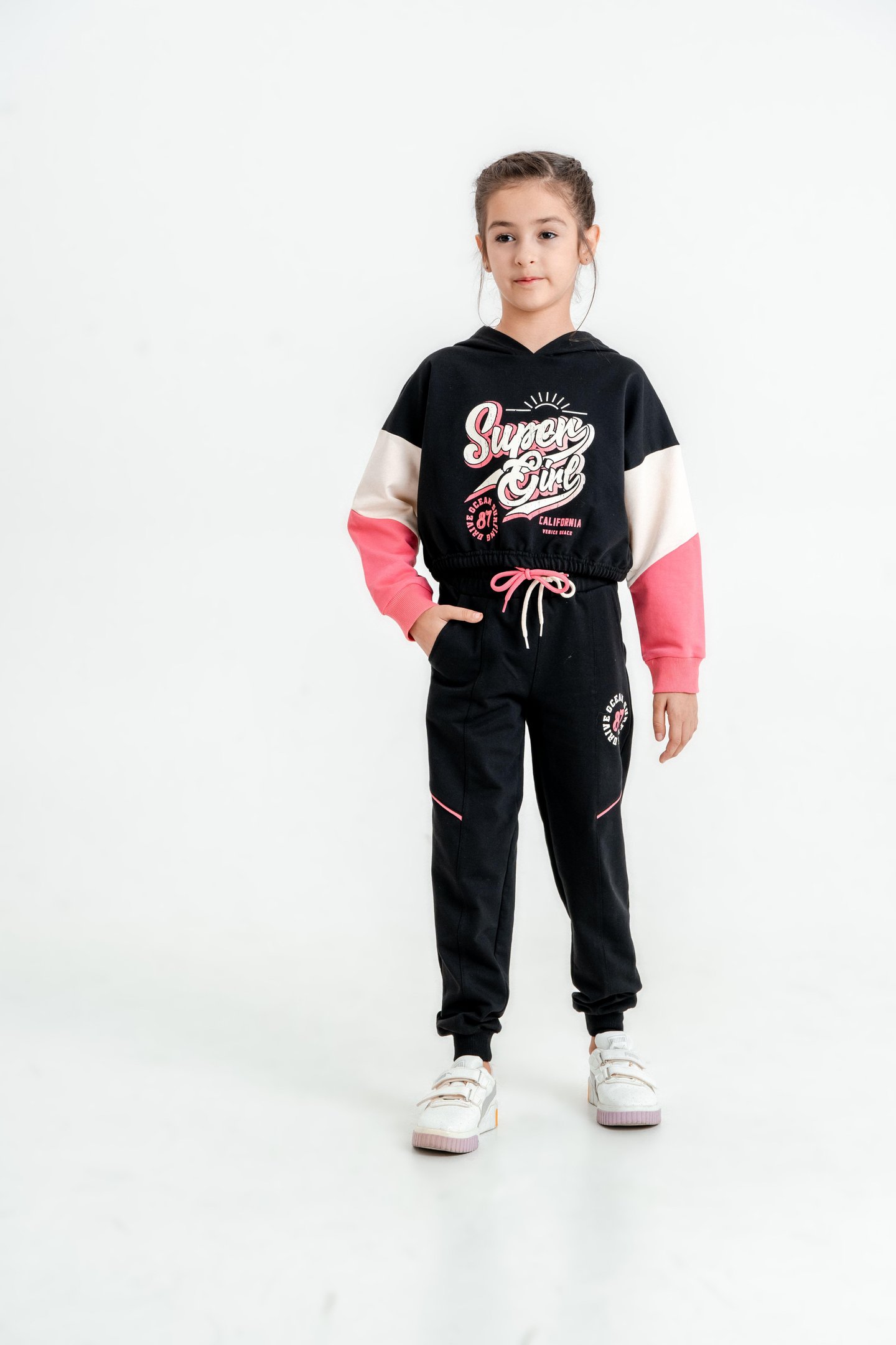 Super Girl Baskılı Kapüşonlu Crop Alt Üst Kız Çocuk Eşofman Takımı