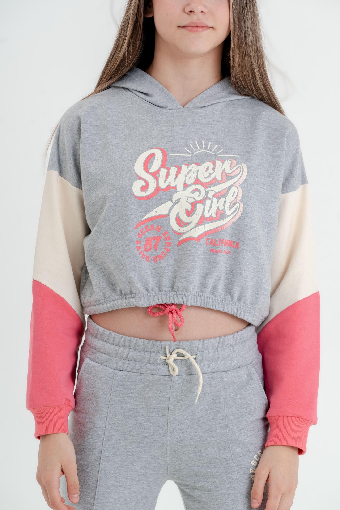 Super Girl Baskılı Kapüşonlu Crop Alt Üst Kız Çocuk Eşofman Takımı