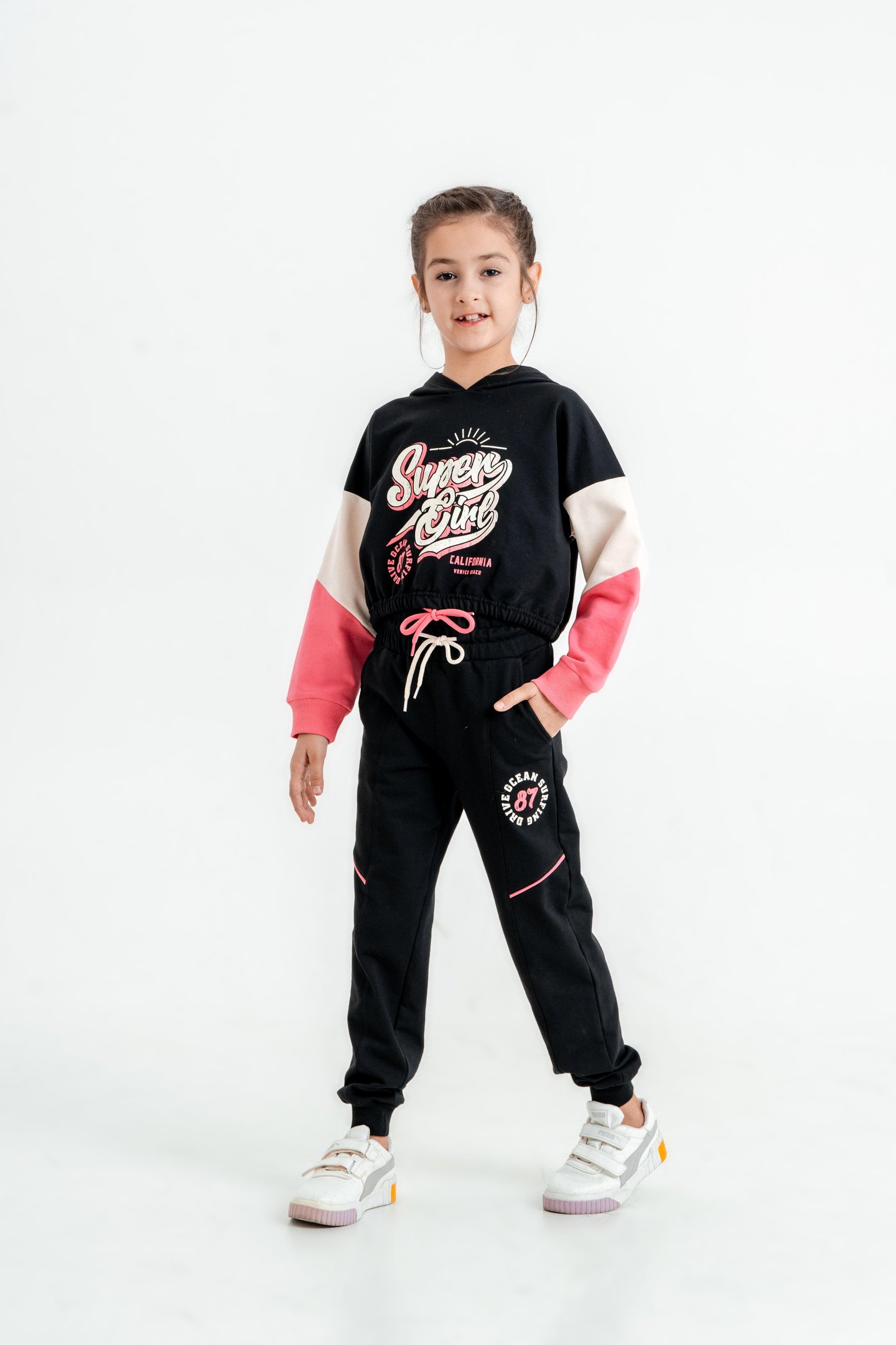 Super Girl Baskılı Kapüşonlu Crop Alt Üst Kız Çocuk Eşofman Takımı