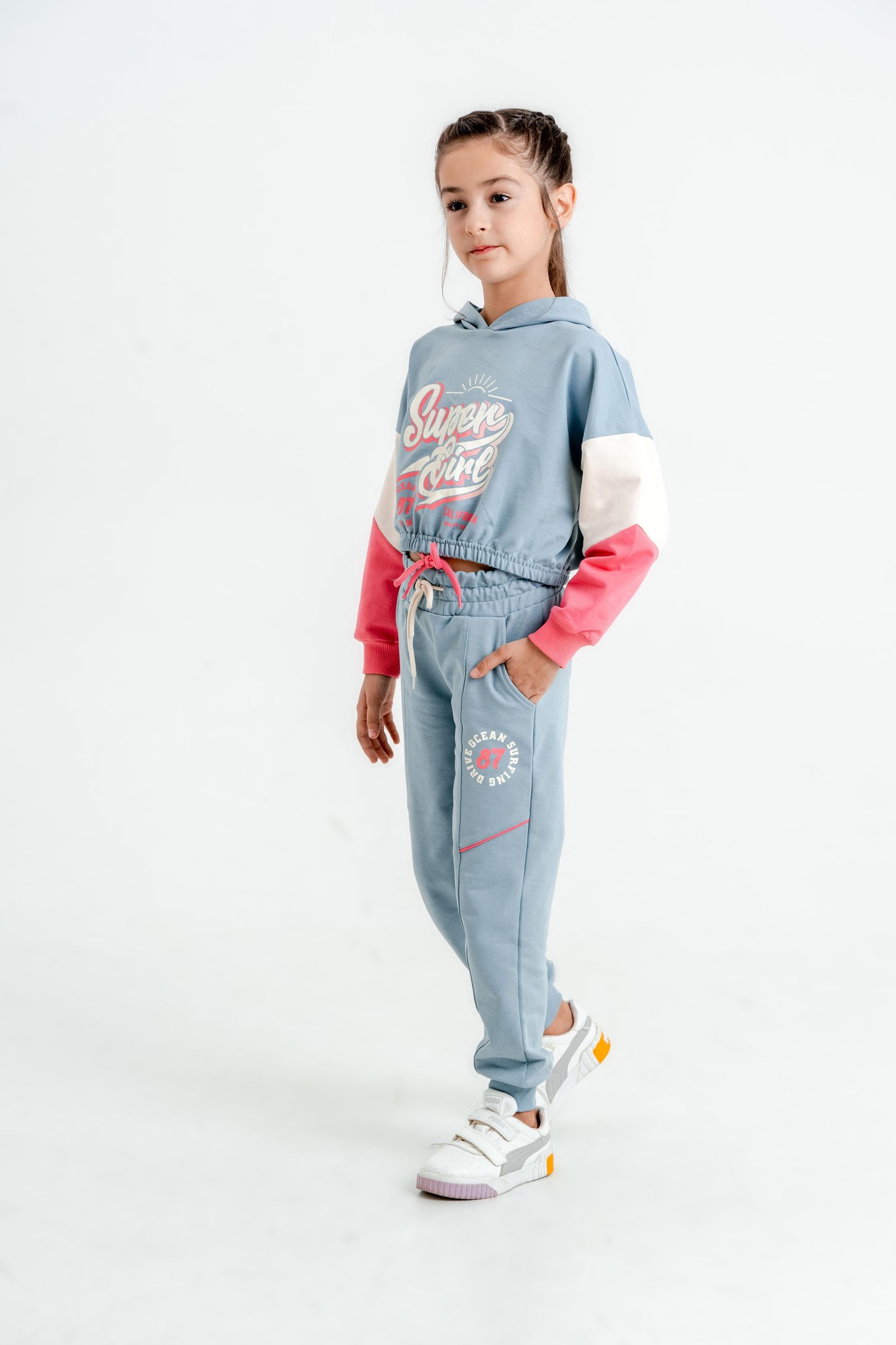 Super Girl Baskılı Kapüşonlu Crop Alt Üst Kız Çocuk Eşofman Takımı