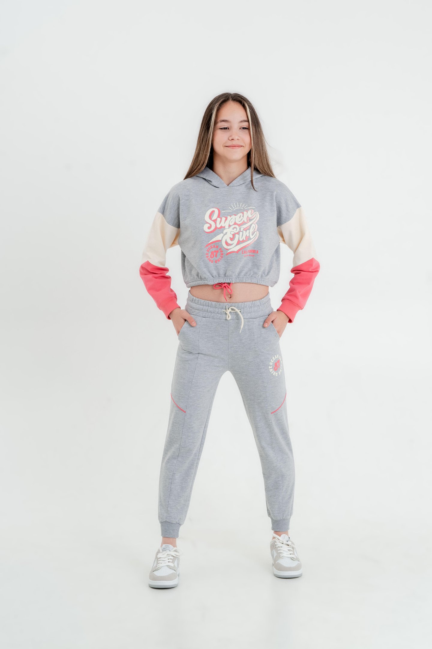 Super Girl Baskılı Kapüşonlu Crop Alt Üst Kız Çocuk Eşofman Takımı