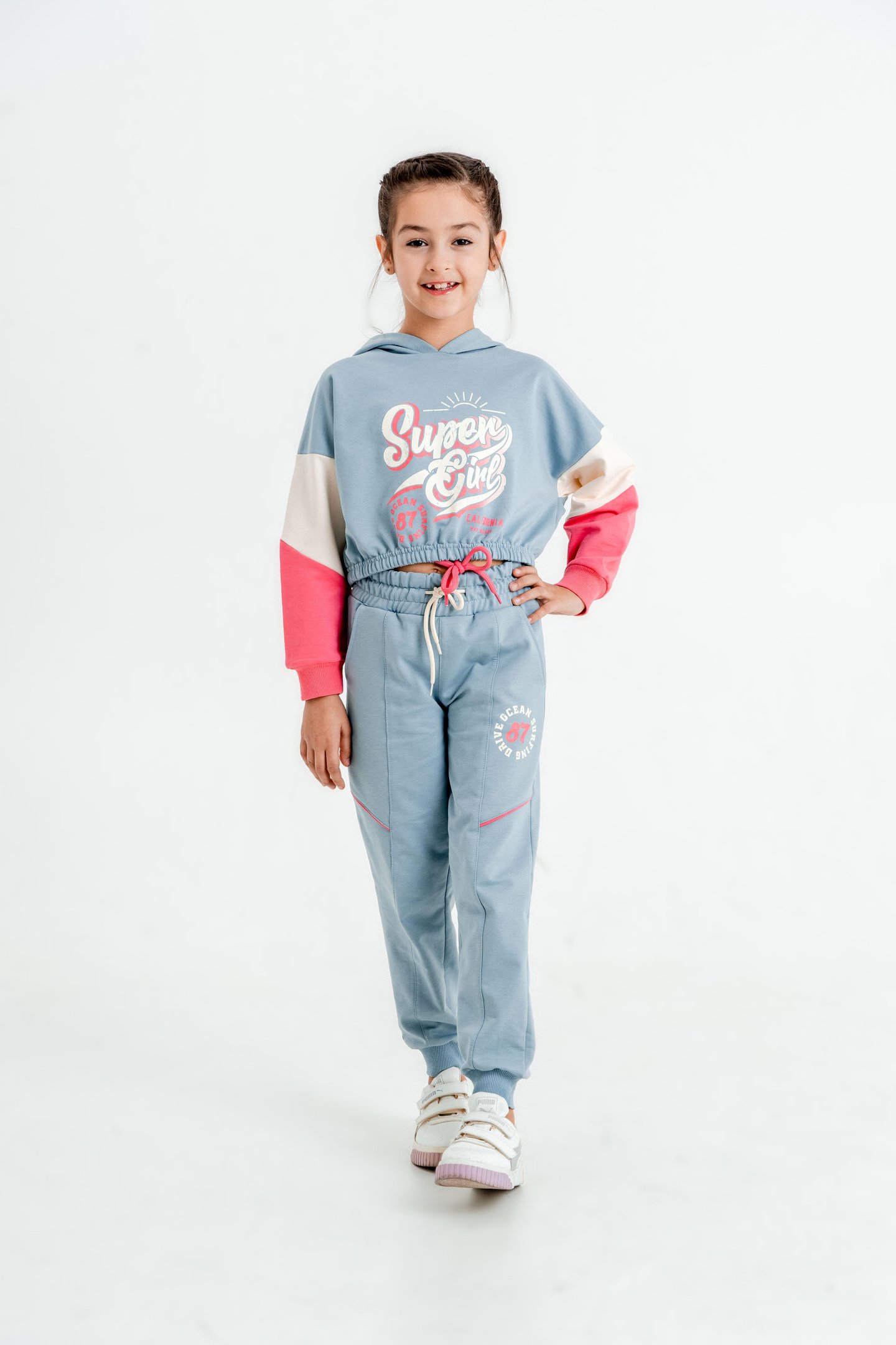 Super Girl Baskılı Kapüşonlu Crop Alt Üst Kız Çocuk Eşofman Takımı