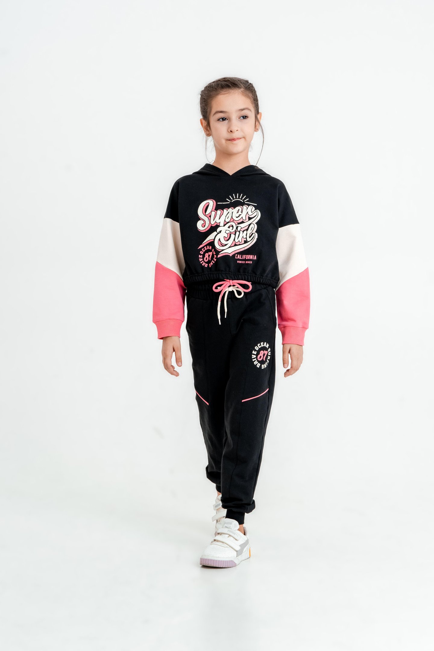 Super Girl Baskılı Kapüşonlu Crop Alt Üst Kız Çocuk Eşofman Takımı
