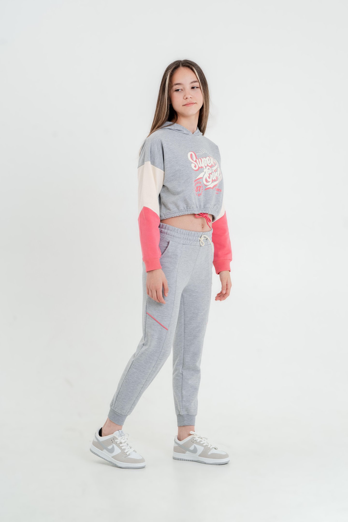 Super Girl Baskılı Kapüşonlu Crop Alt Üst Kız Çocuk Eşofman Takımı