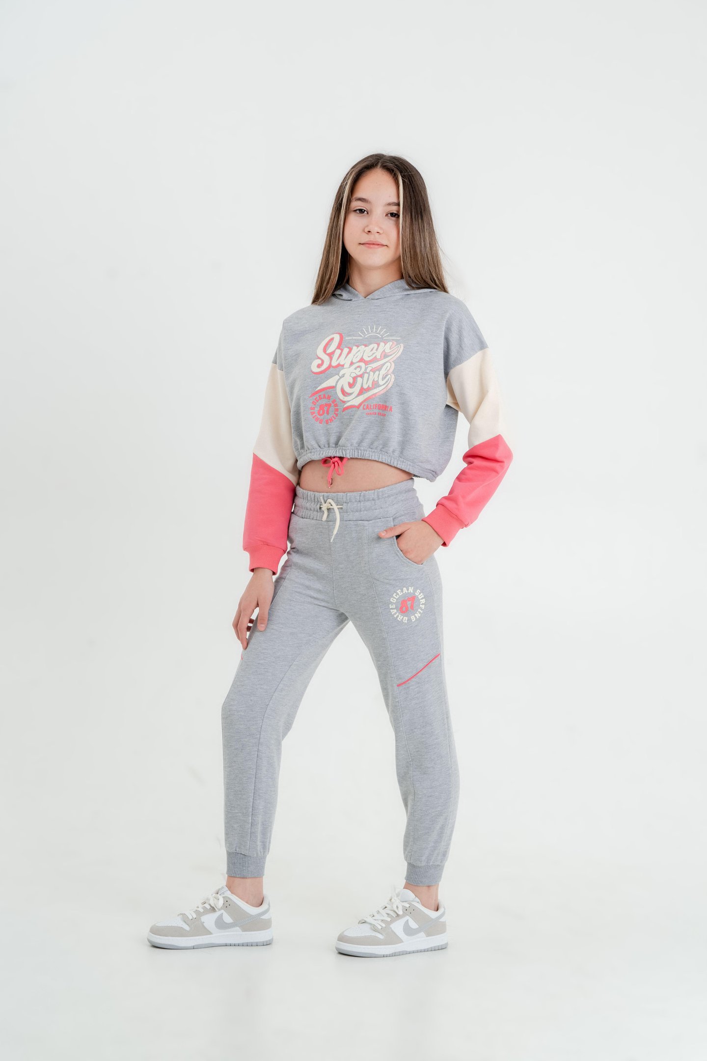 Super Girl Baskılı Kapüşonlu Crop Alt Üst Kız Çocuk Eşofman Takımı