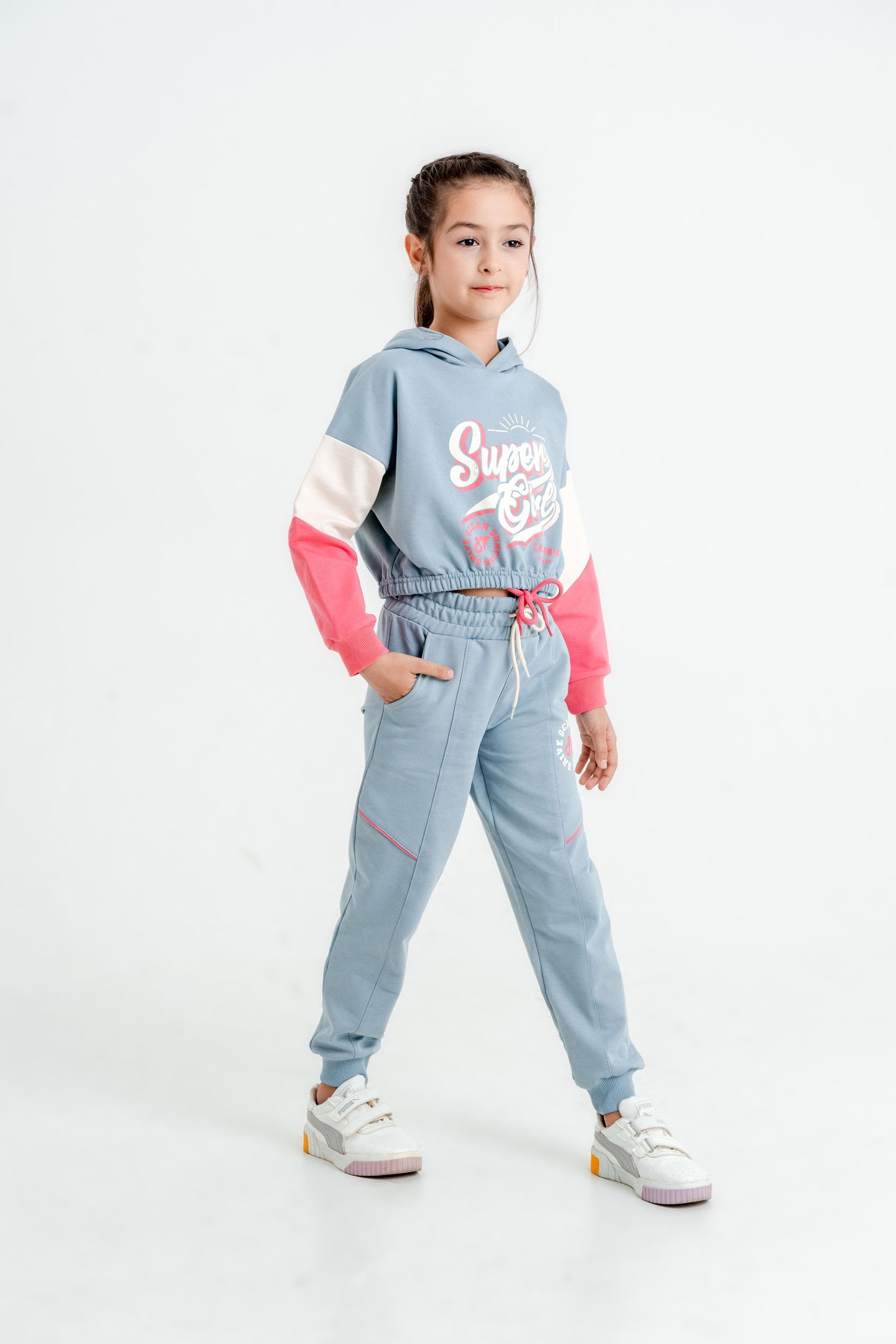 Super Girl Baskılı Kapüşonlu Crop Alt Üst Kız Çocuk Eşofman Takımı