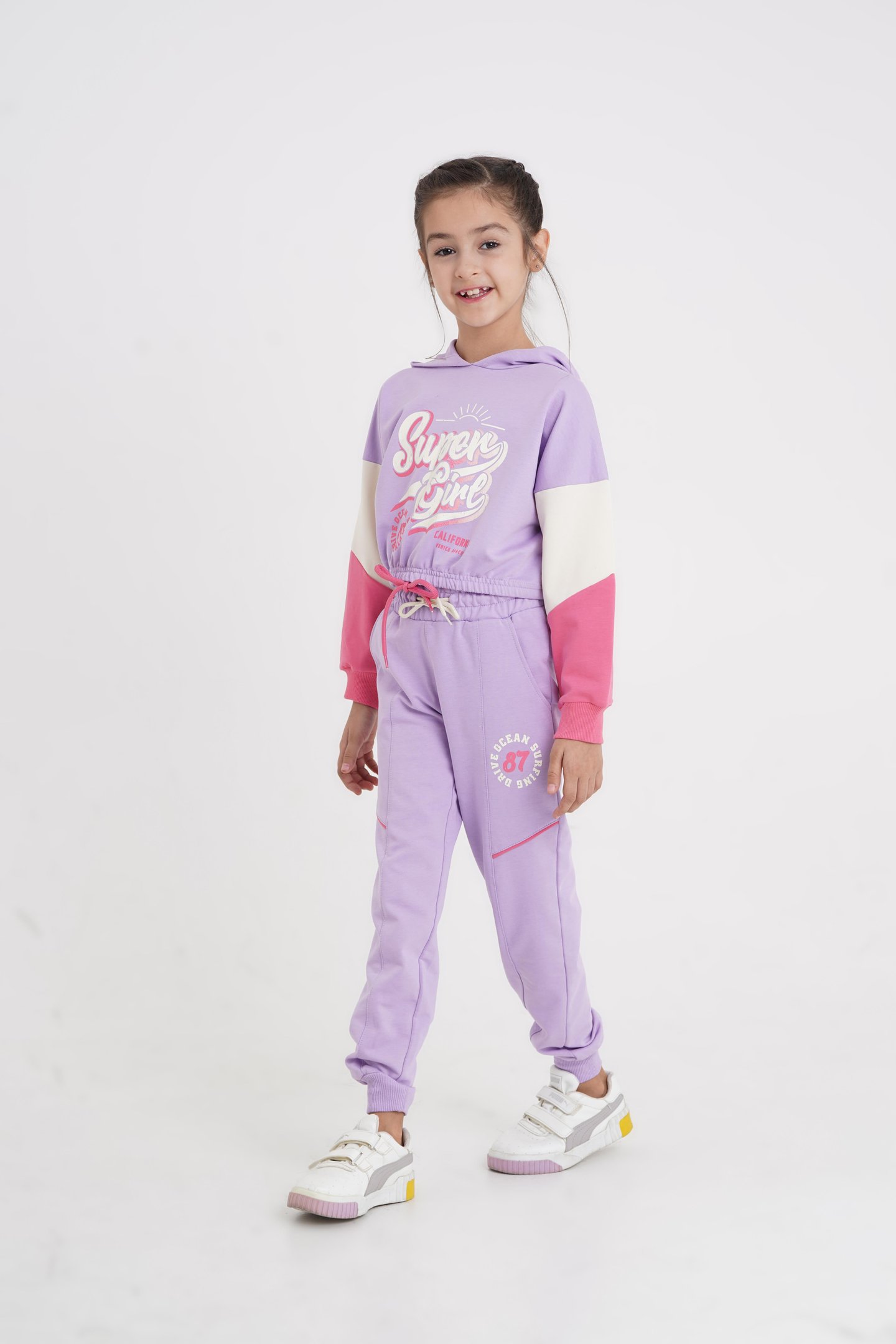 Super Girl Baskılı Kapüşonlu Crop Alt Üst Kız Çocuk Eşofman Takımı