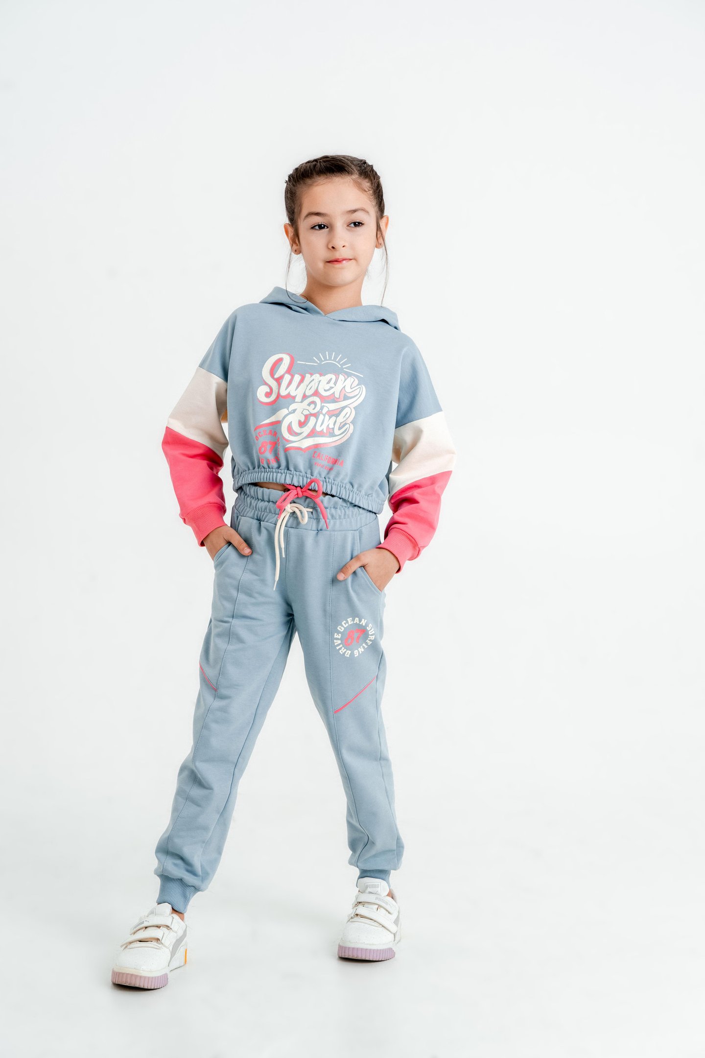 Super Girl Baskılı Kapüşonlu Crop Alt Üst Kız Çocuk Eşofman Takımı