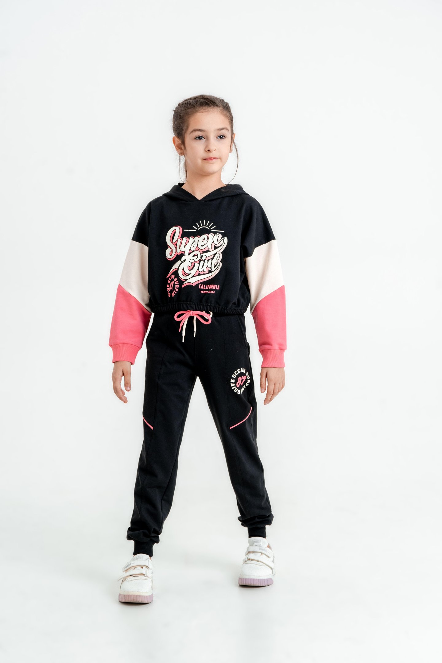Super Girl Baskılı Kapüşonlu Crop Alt Üst Kız Çocuk Eşofman Takımı