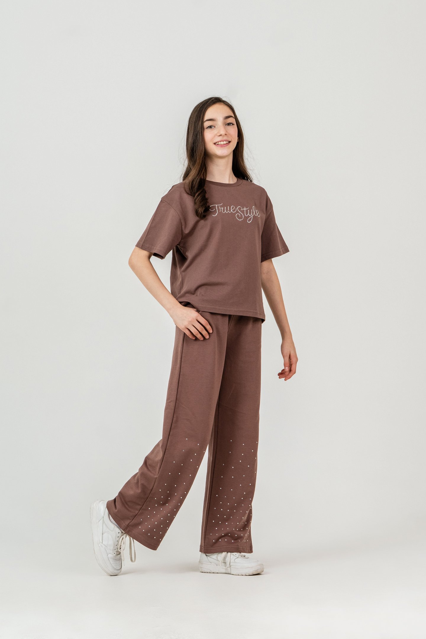 True Style Taş Baskılı Alt Çift Paça Taş Baskılı Kız Çocuk Alt Üst Eşofman Takımı