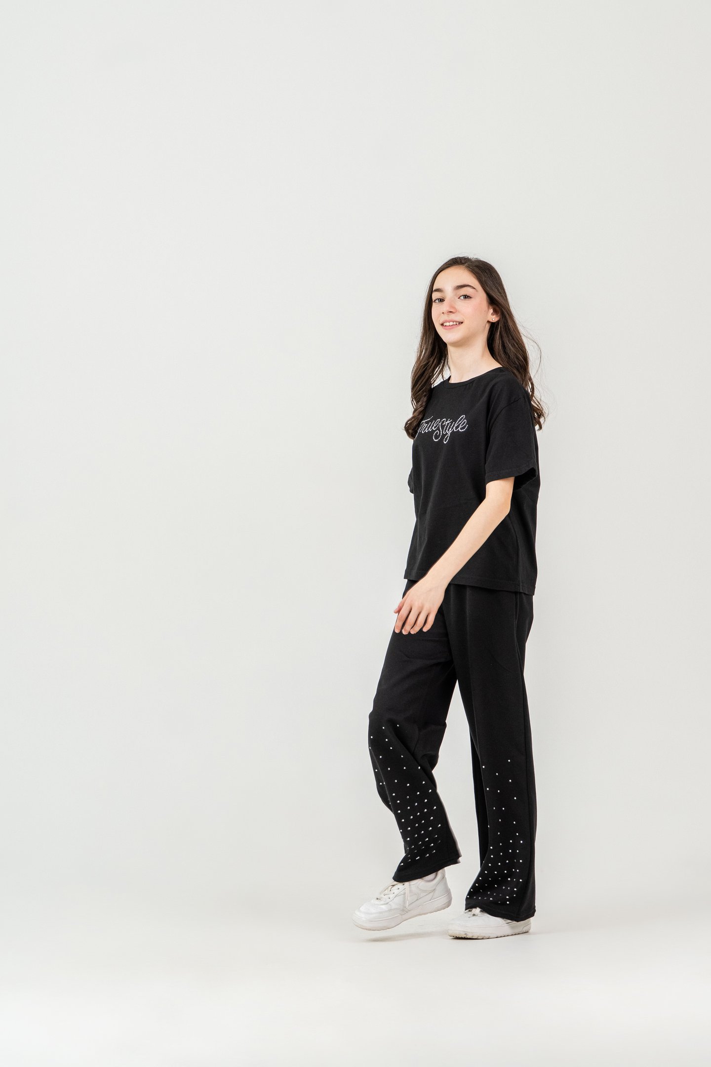 True Style Taş Baskılı Alt Çift Paça Taş Baskılı Kız Çocuk Alt Üst Eşofman Takımı