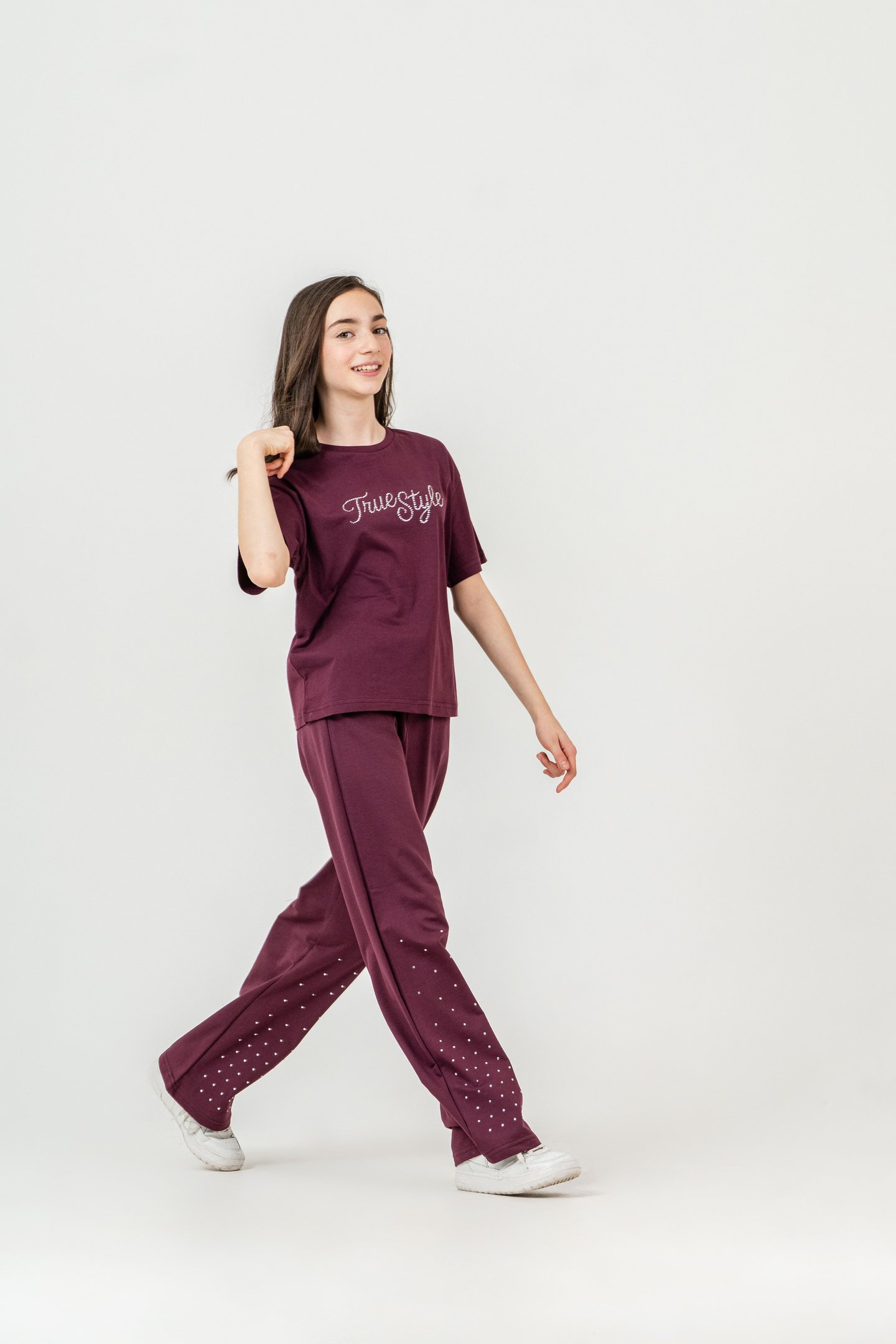 True Style Taş Baskılı Alt Çift Paça Taş Baskılı Kız Çocuk Alt Üst Eşofman Takımı