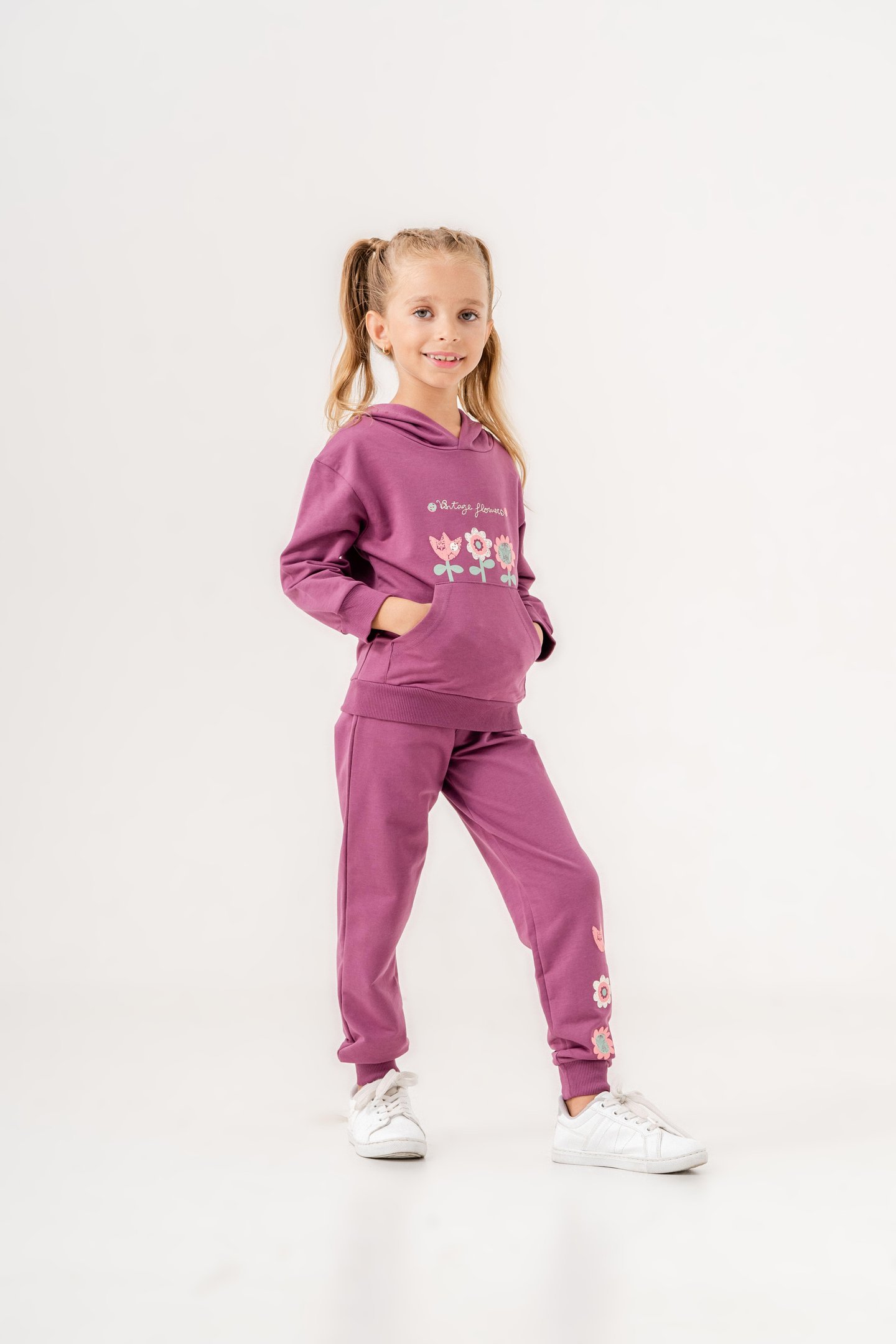 Vintage Flowers Baskılı Bacak Baskı Detaylı Kapüşonlu Kız Çocuk Alt Üst Eşofman Takımı