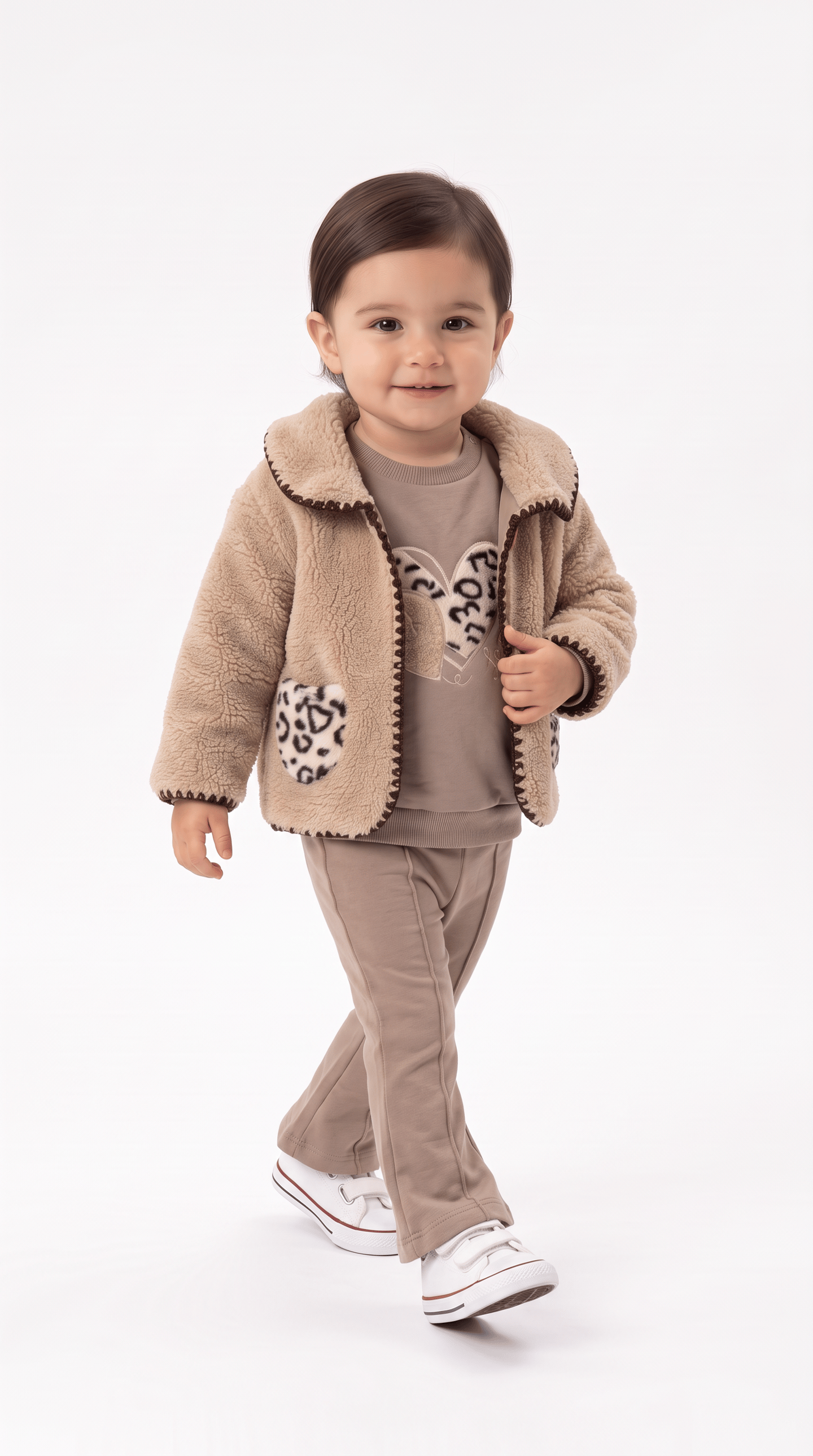 Yakalı Cep Detaylı Leopar Desenli Üçlü Kız Bebek Takım
