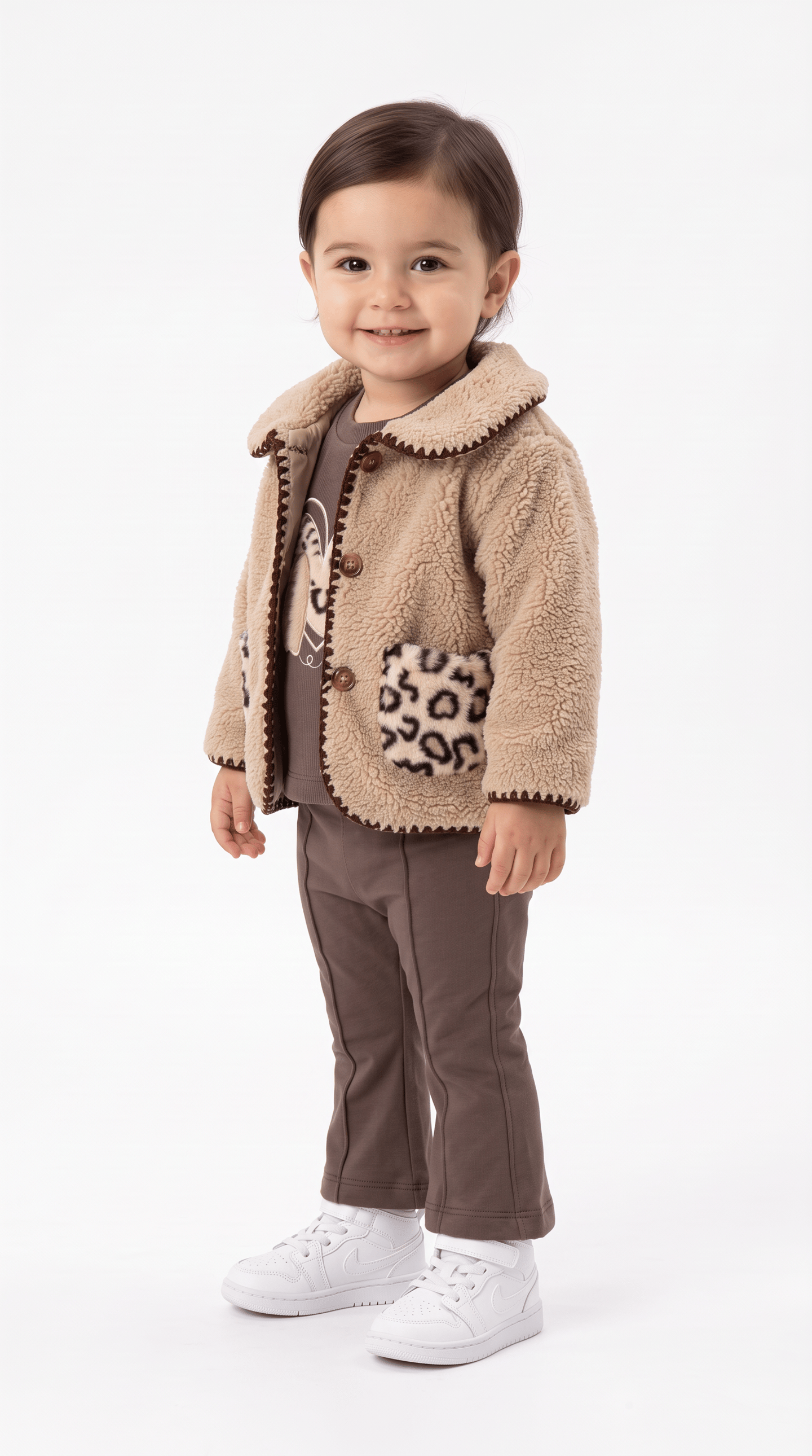 Yakalı Cep Detaylı Leopar Desenli Üçlü Kız Bebek Takım