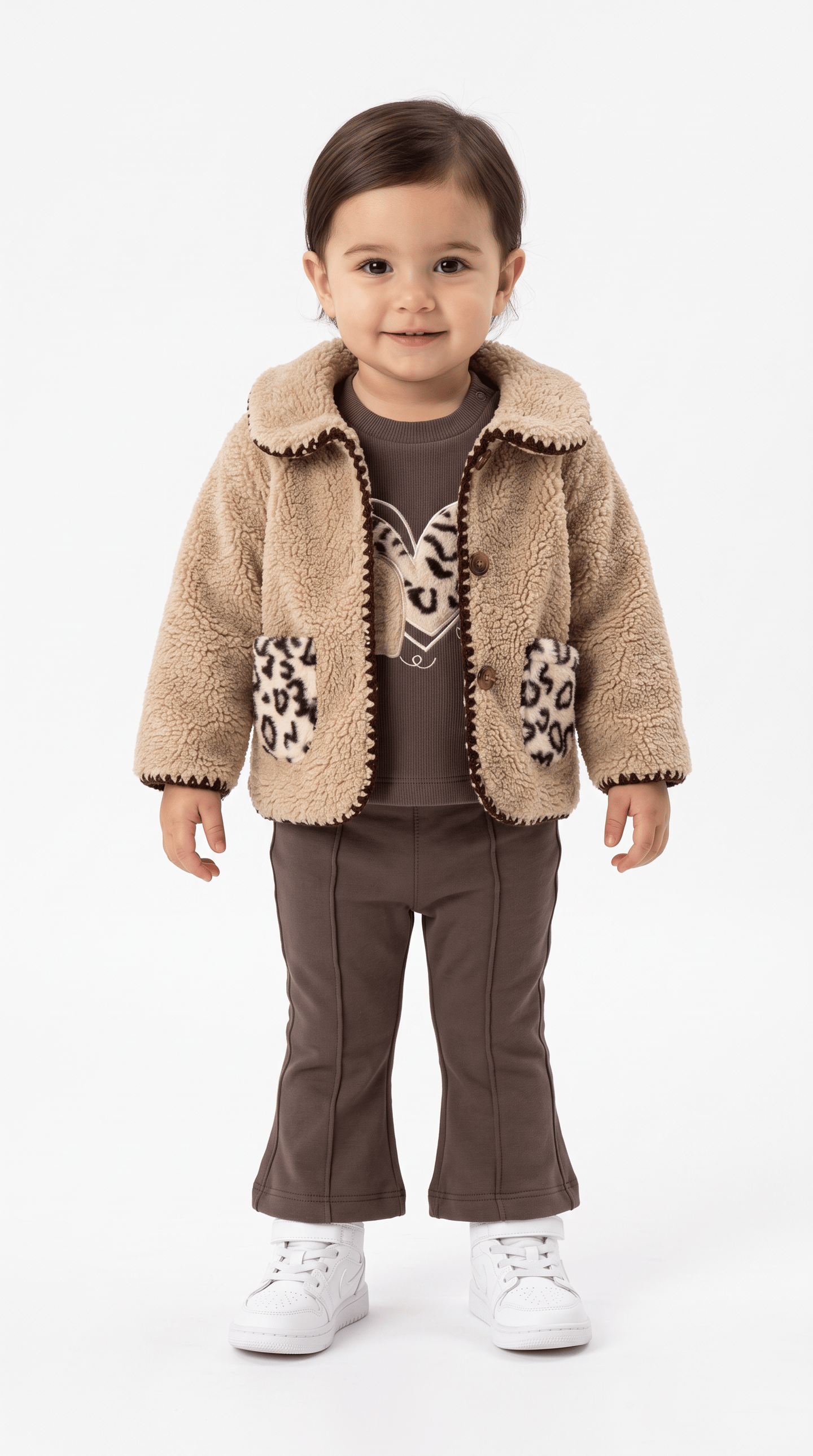 Yakalı Cep Detaylı Leopar Desenli Üçlü Kız Bebek Takım