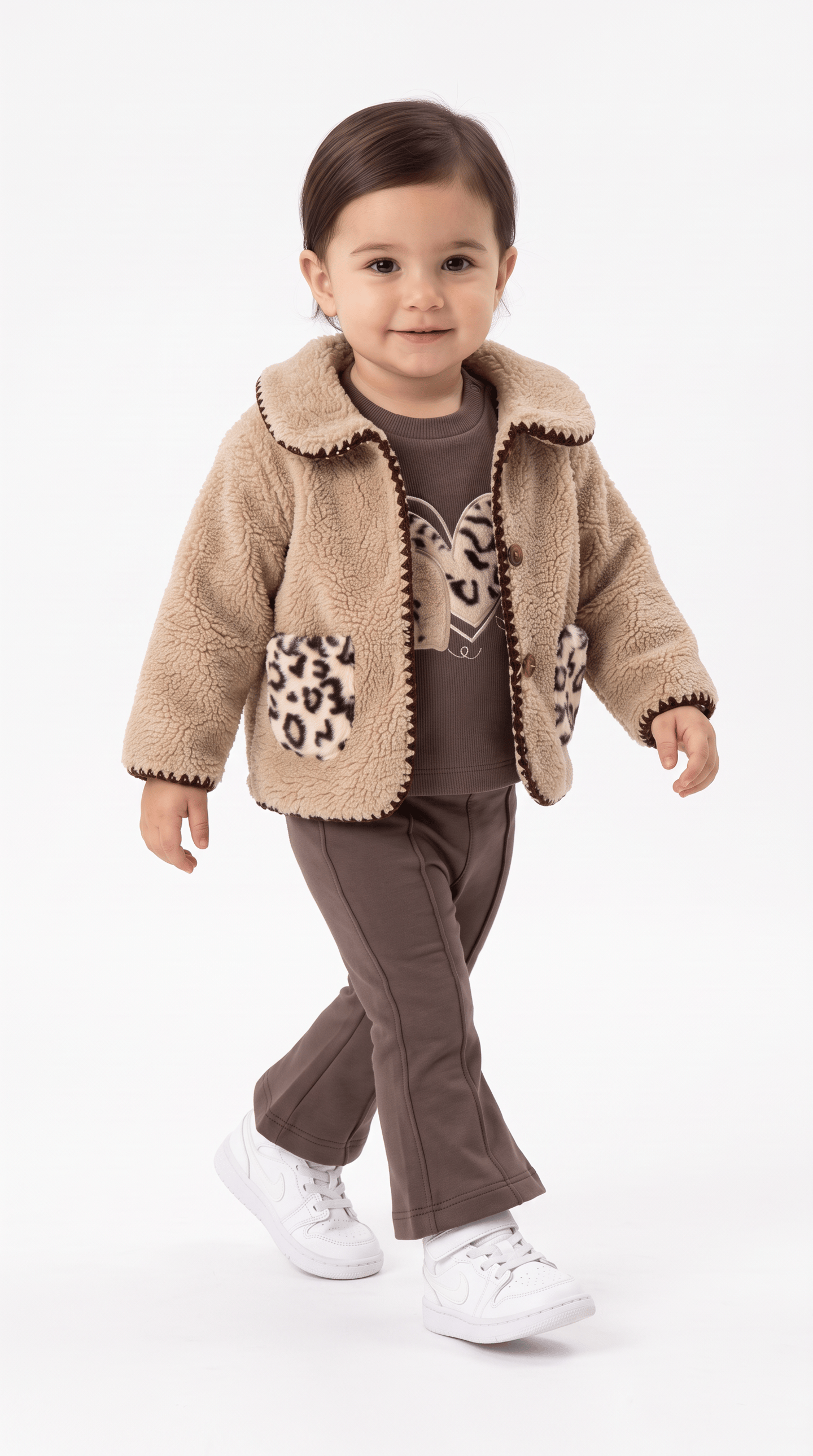 Yakalı Cep Detaylı Leopar Desenli Üçlü Kız Bebek Takım
