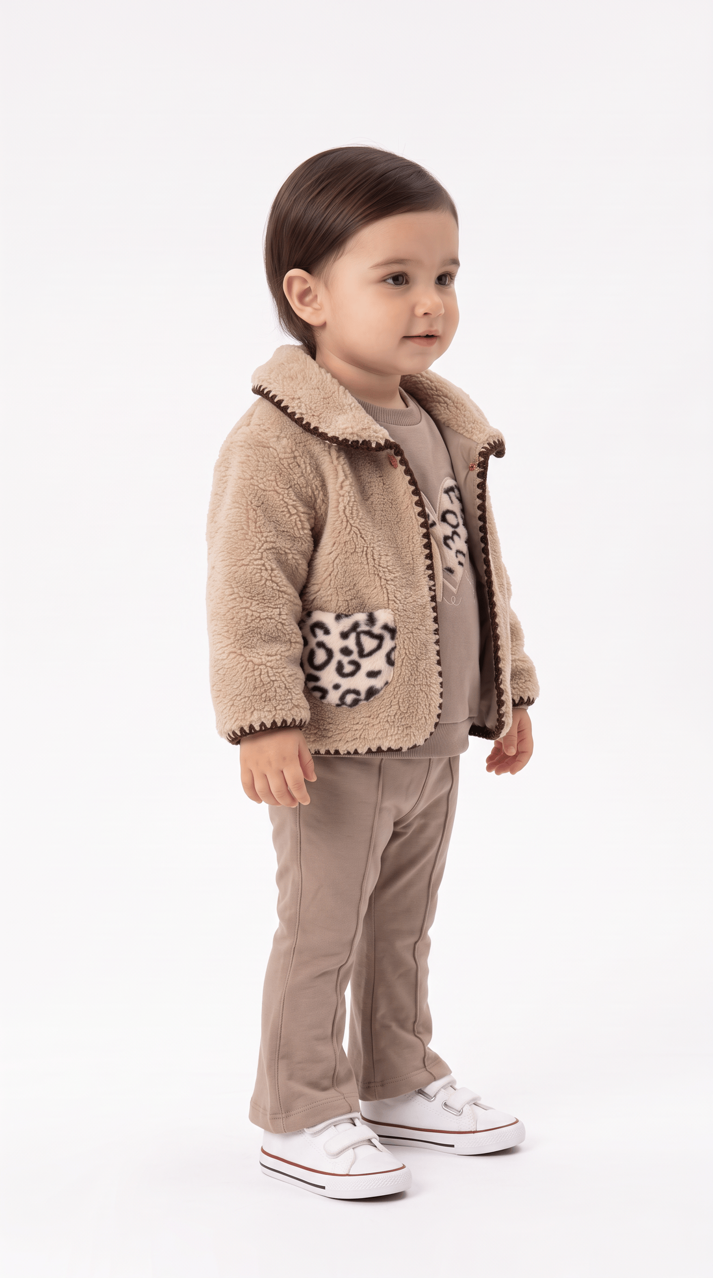 Yakalı Cep Detaylı Leopar Desenli Üçlü Kız Bebek Takım