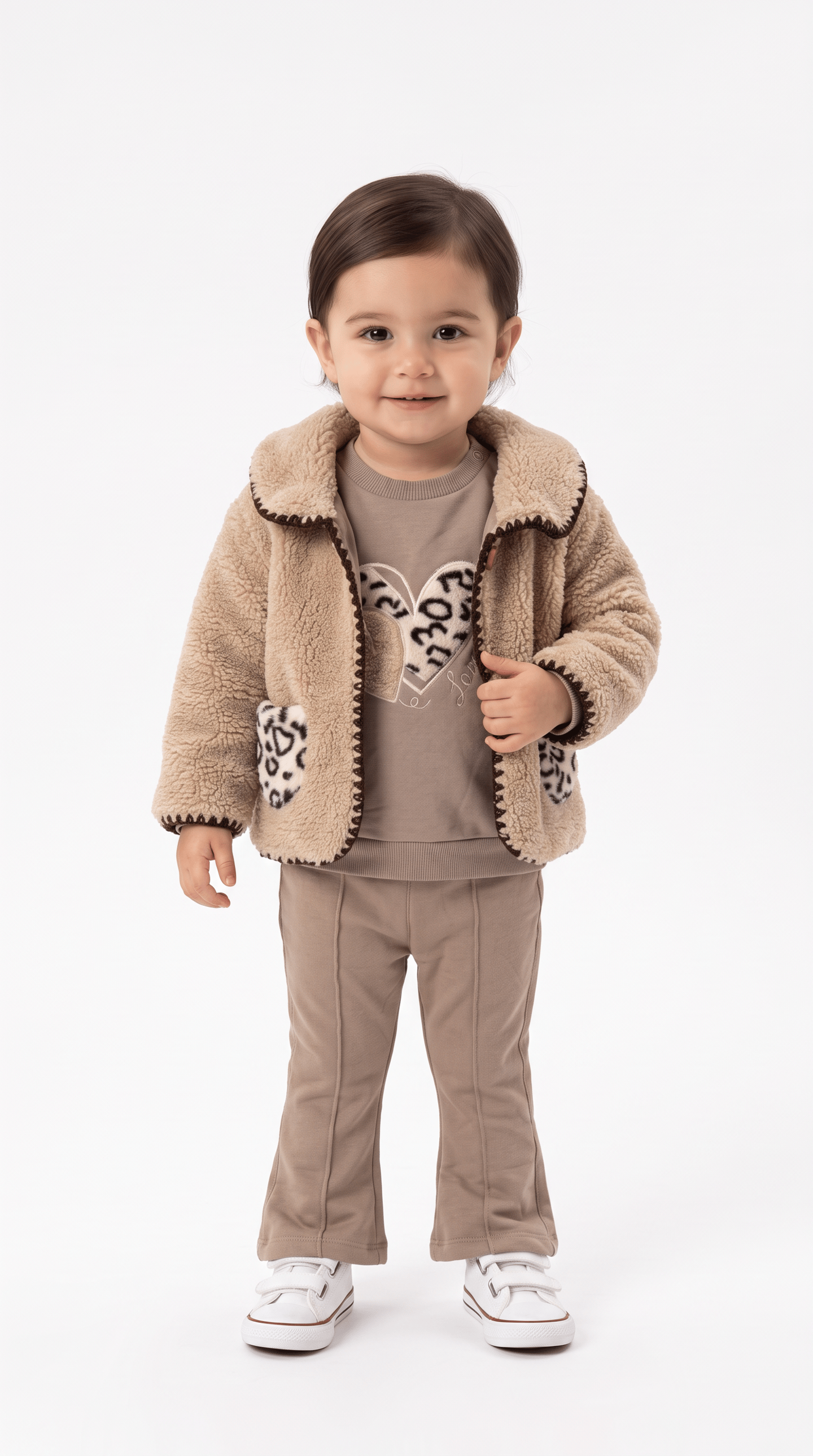 Yakalı Cep Detaylı Leopar Desenli Üçlü Kız Bebek Takım