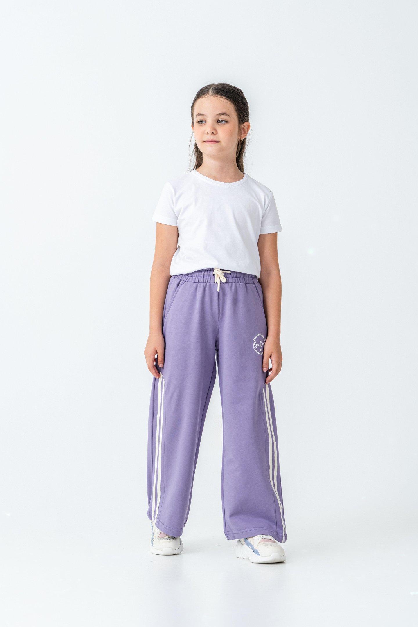 Yanlar Grogren Şeritli Bol Paça Önü Baskılı Kız Çocuk Eşofman Altı