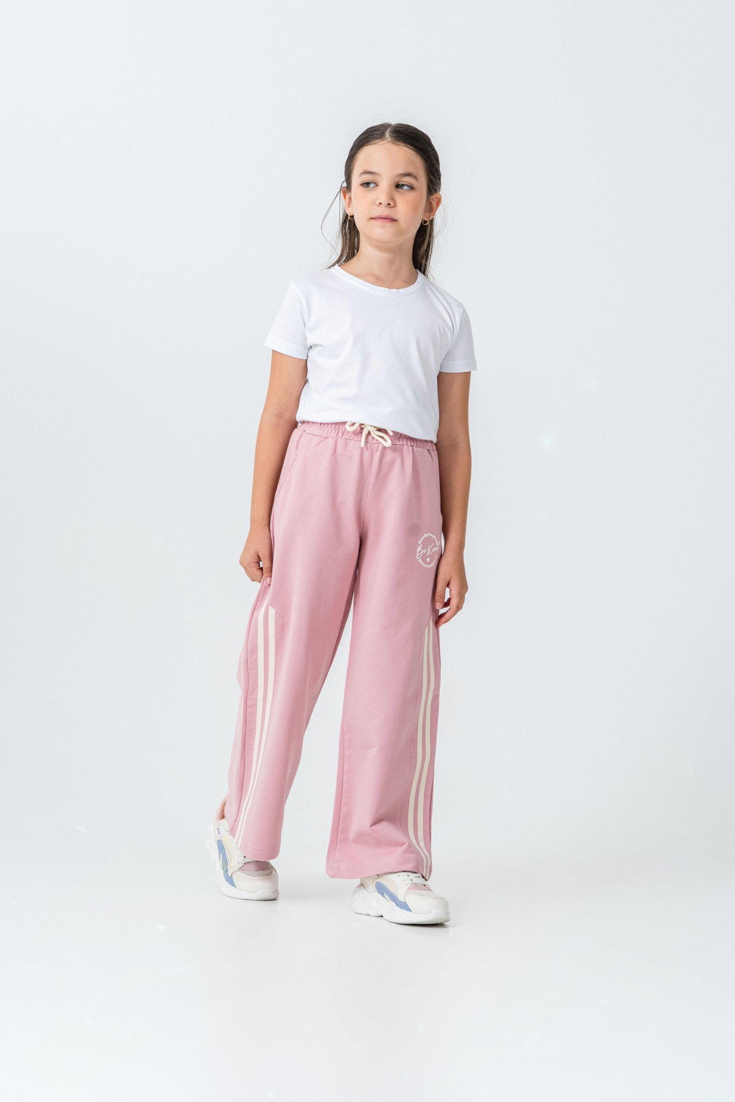 Yanlar Grogren Şeritli Bol Paça Önü Baskılı Kız Çocuk Eşofman Altı