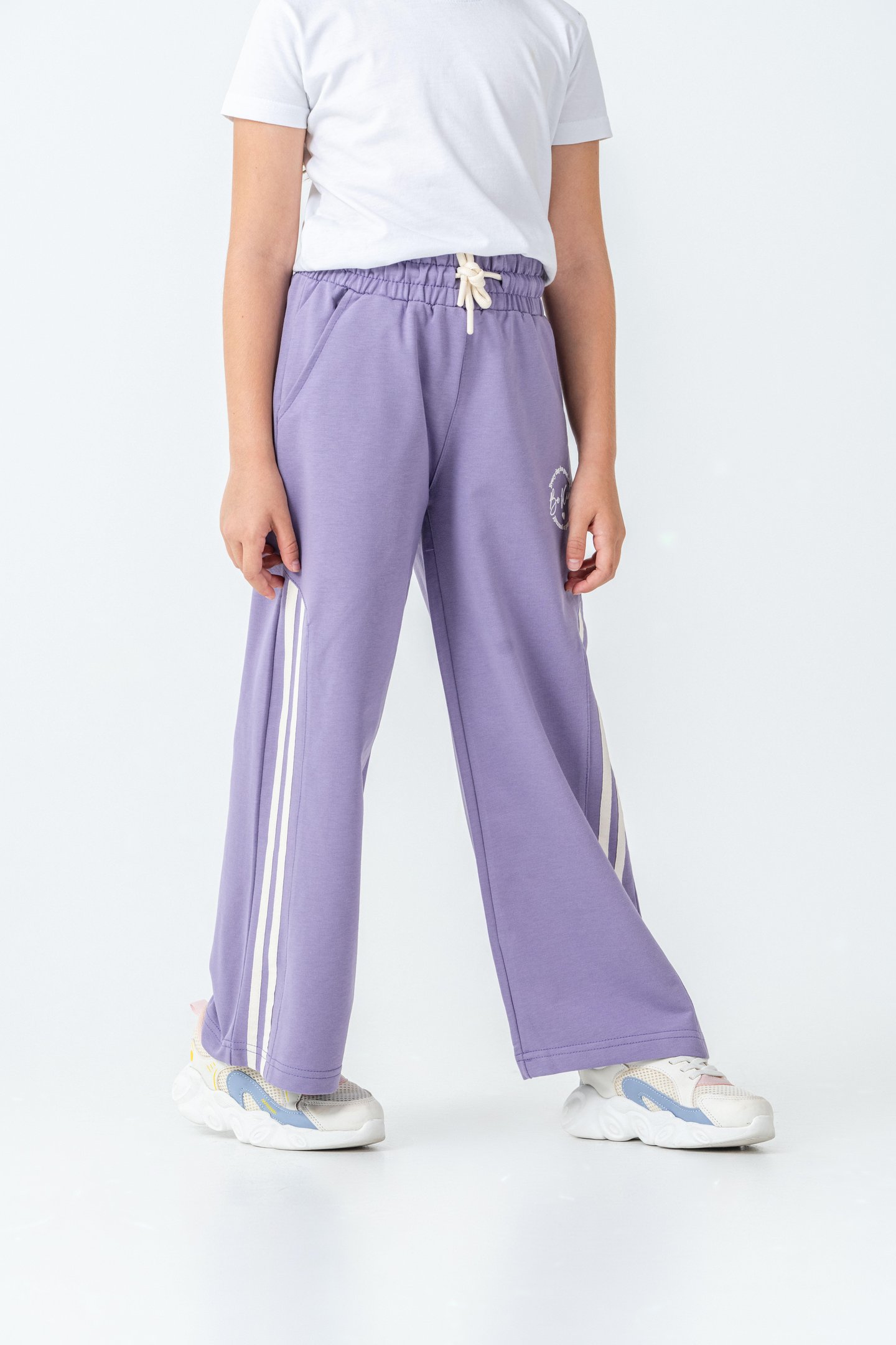 Yanlar Grogren Şeritli Bol Paça Önü Baskılı Kız Çocuk Eşofman Altı