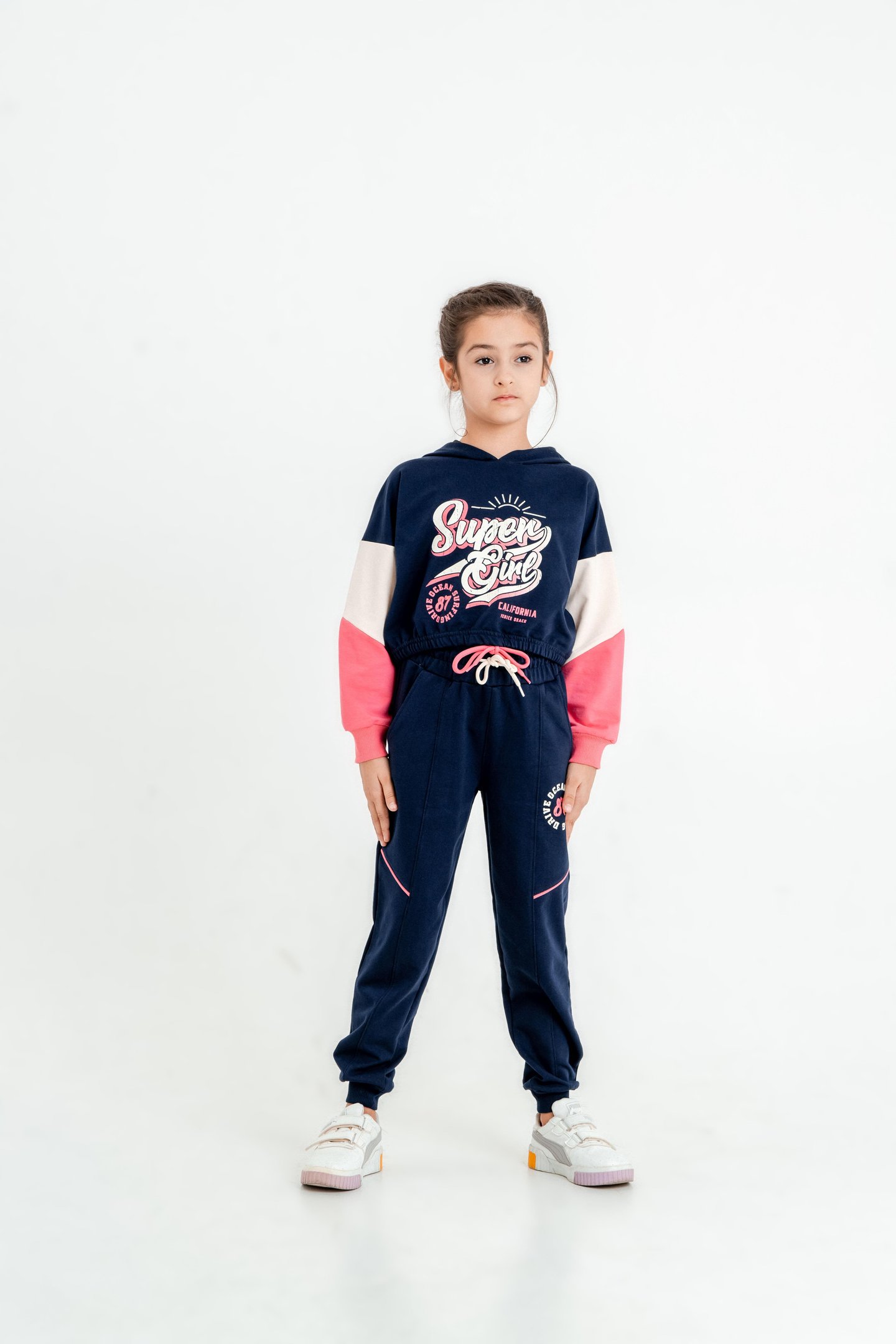 Super Girl Baskılı Kapüşonlu Crop Alt Üst Kız Çocuk Eşofman Takımı