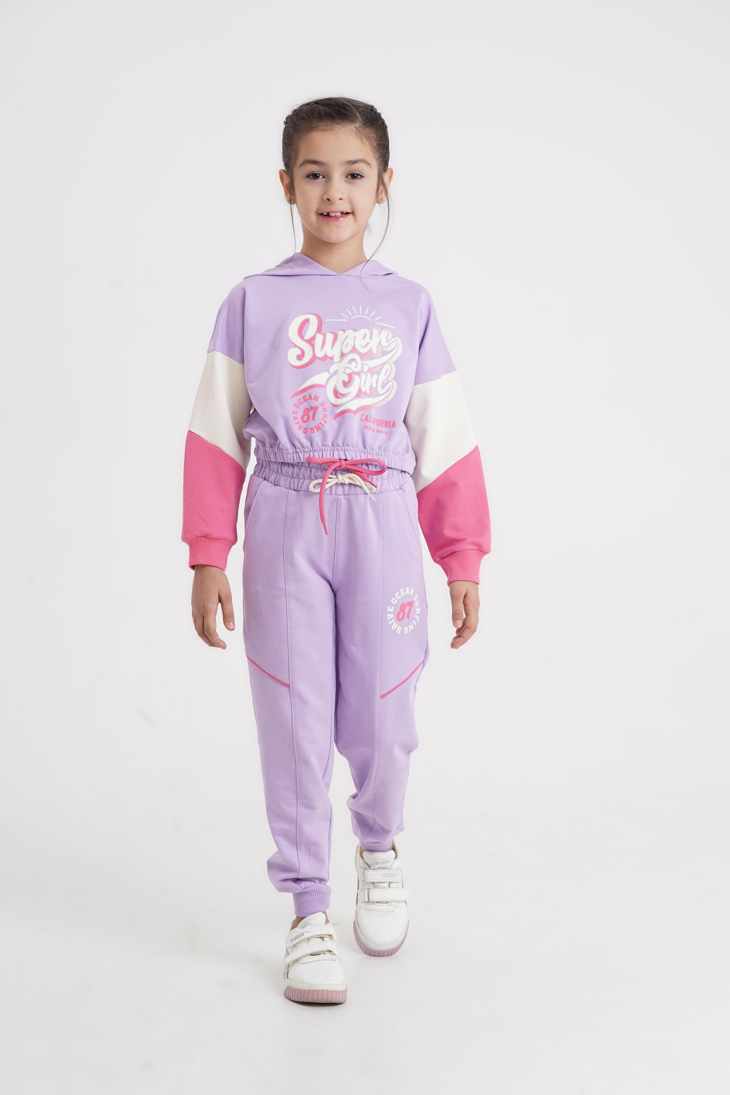 Super Girl Baskılı Kapüşonlu Crop Alt Üst Kız Çocuk Eşofman Takımı
