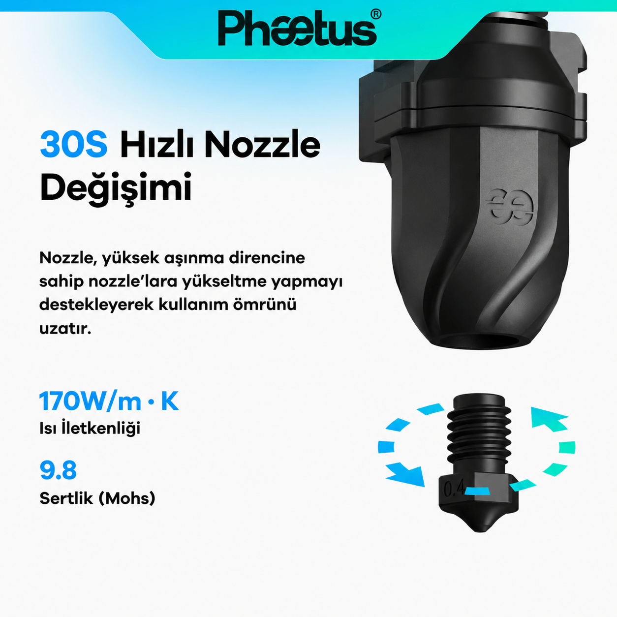 Phaetus AD5M/AD5M Pro 0.4mm Değiştirilebilir Nozzle Conch M6 Endcoat Hotend