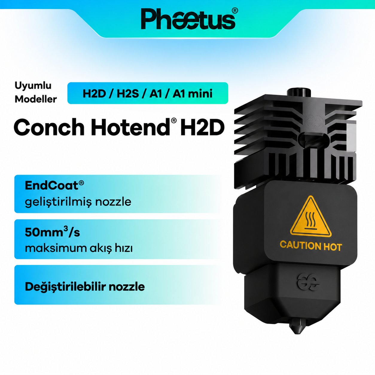 Phaetus H2D 0.4mm Değiştirilebilir Nozzle Conch M4 Endcoat Hotend