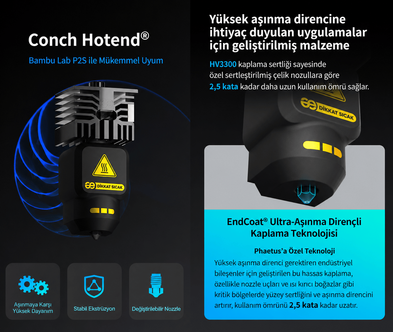 Phaetus P2S 0.4mm Değiştirilebilir Nozzle Conch M4 Endcoat Hotend