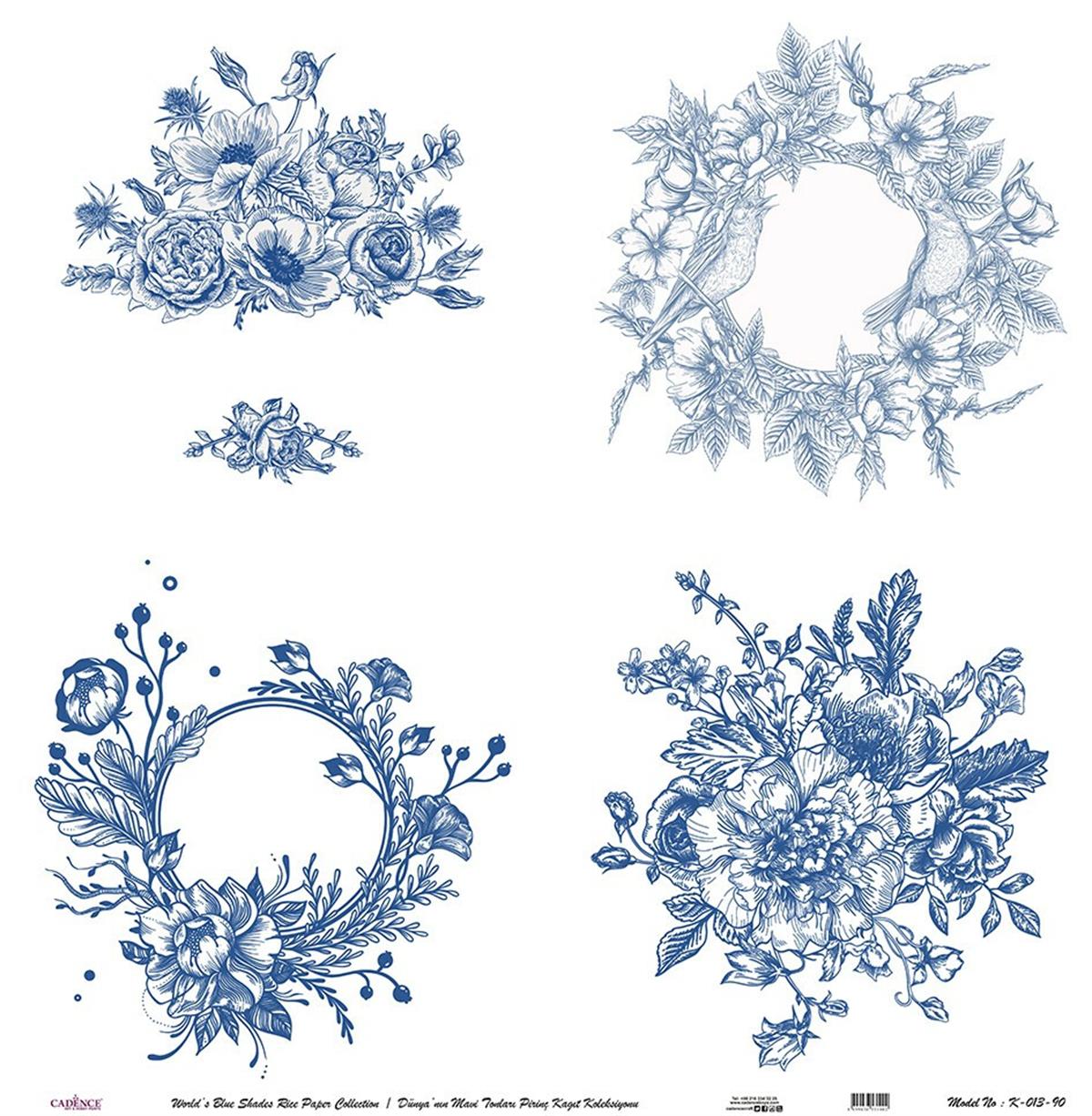 Голубые оттенки мира Рисовая бумага для декупажа Белый фон K013 60х60
