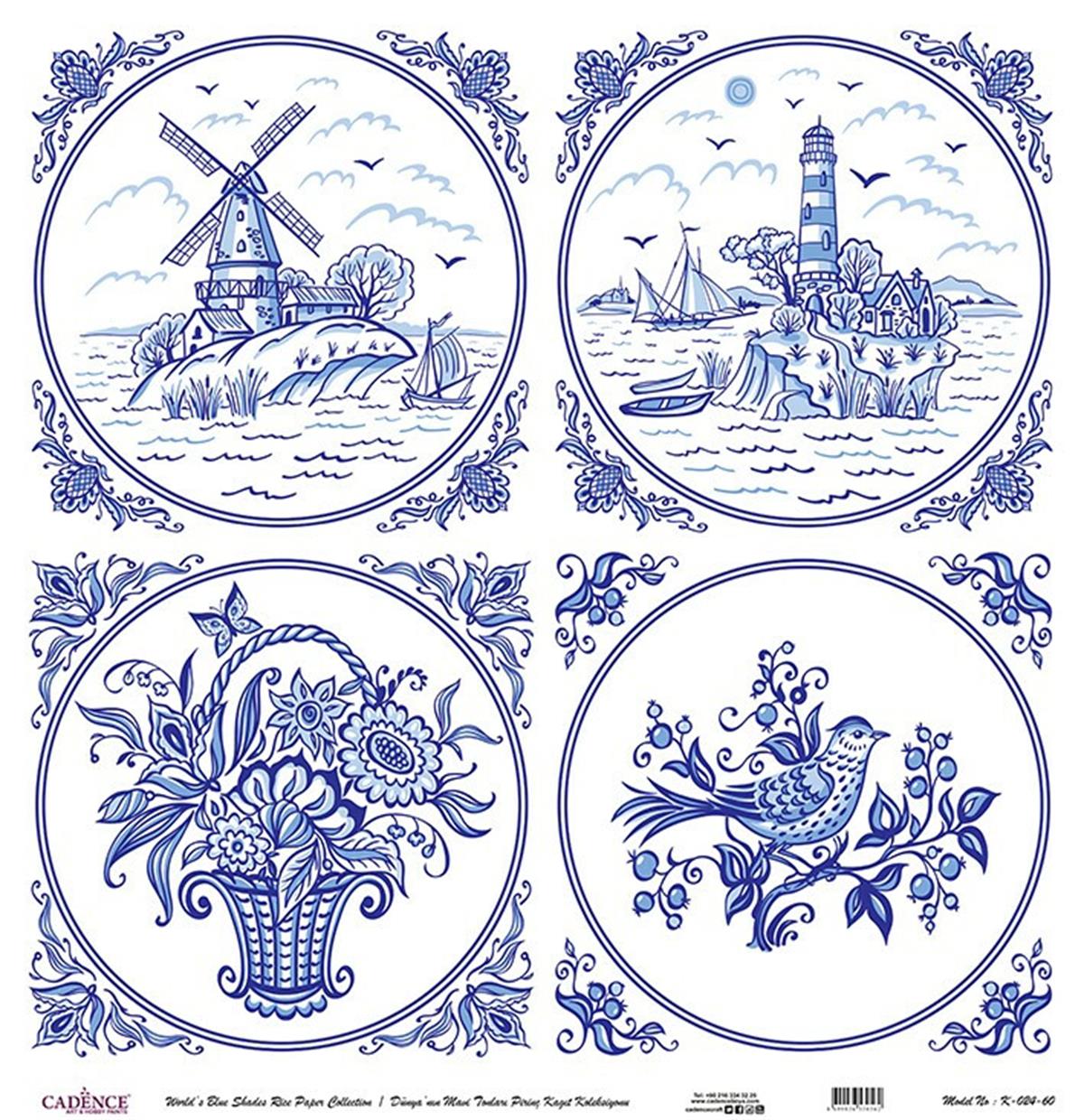 Голубые оттенки мира Рисовая бумага для декупажа Белый фон K024 30х30