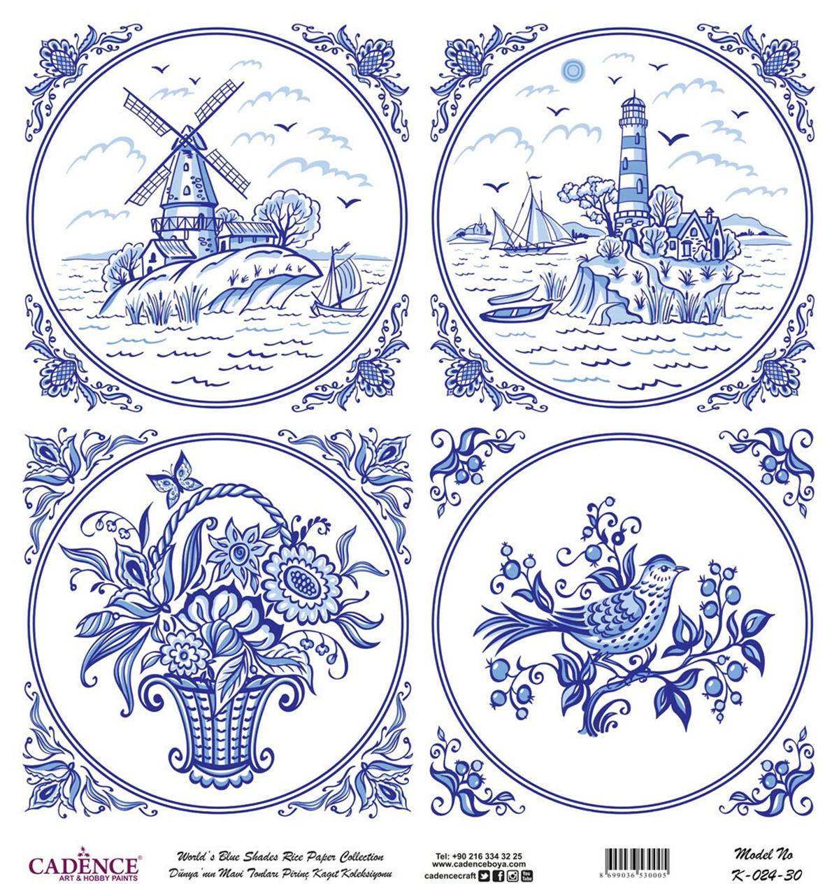 Голубые оттенки мира Рисовая бумага для декупажа Белый фон К024 90х90