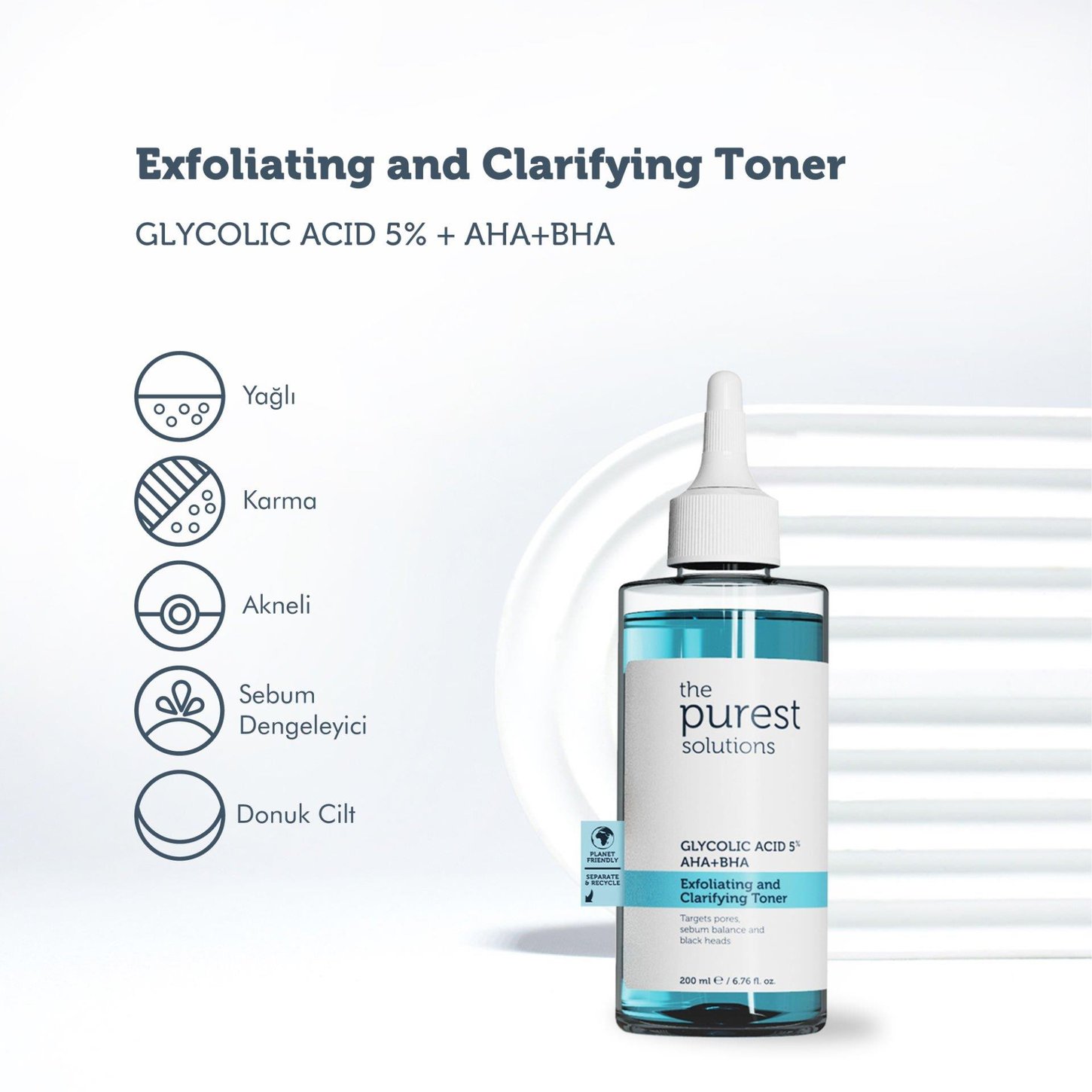 THE PUREST SOLUTIONS EXFOLIATING CLARIFYING GLYCOLIC ACID 5% AHA + BHA TONIK 200 ML