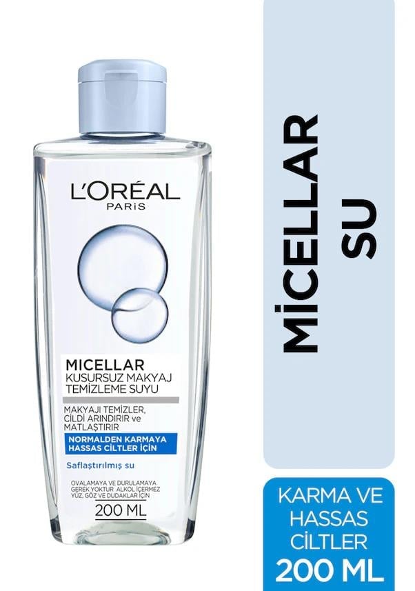 LOREAL MICELLAR MAKYAJ TEMIZLEME SUYU 200ML KUSURSUZ NORMALDEN KARMAYA HASSAS CILTLER ICIN
