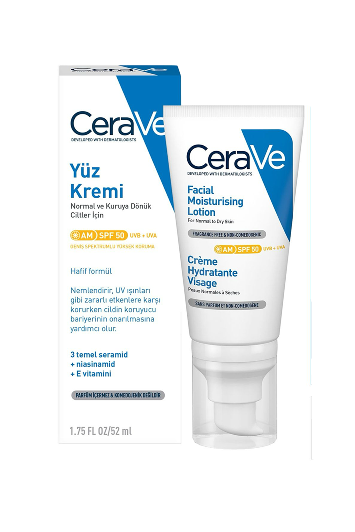 8690595186054 | CeraVe Facial Moisturising SPF50 52ml + Köpüren Temizleyici Hediyeli 20ml | KozmovitalYüz NemlendiricileriCeraveCeraVe Facial Moisturising SPF50 52ml + Köpüren Temizleyici Hediyeli 20ml