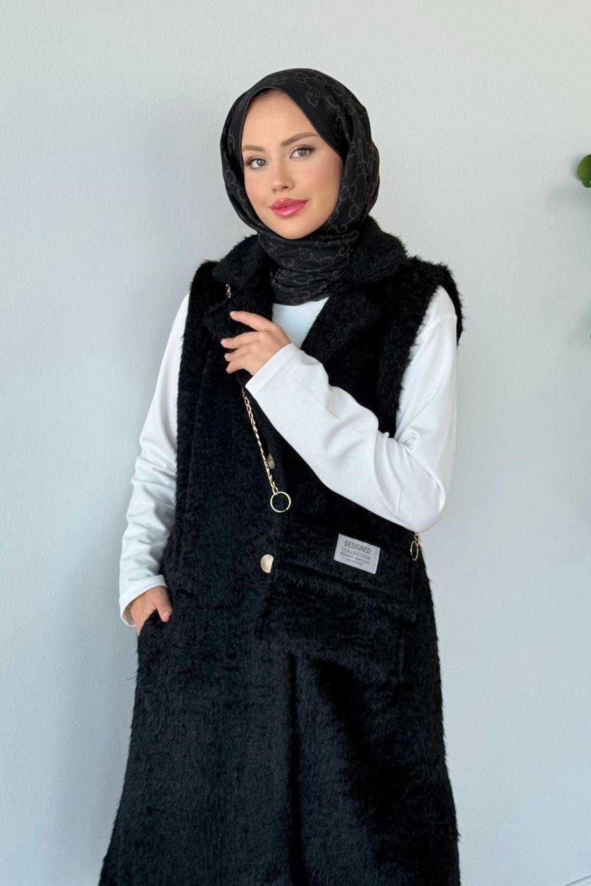 Çantalı Kürklü Yelek Siyah