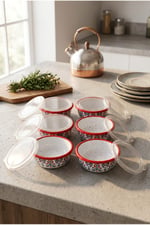 12 Parça 6 lı Emaye Kapaklı Kahvaltı Seti, Kahvaltı Tabağı, Sunum, Zeytin, Reçellik, Peynir Tabağı, Hediye, Çeyiz