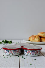 3 Parça Orta Boy,kapaklı,Desenli Emaye Kahvaltı Seti,Sunum,Kahvaltı Tabağı, Reçellik,Zeytin