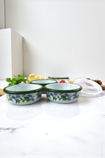 3 Parça Orta Boy,kapaklı,Desenli Emaye Kahvaltı Seti,Sunum,Kahvaltı Tabağı, Reçellik,Zeytin