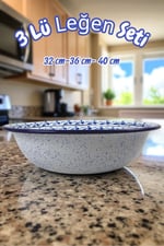 32 Cm-36 Cm-40 Cm 3 Lü Emaye Leğen Çırpma Ve Karıştırma Kabı, Hamur Leğeni,Meyvelik, Çeyiz, Hediye,