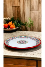 50 No kırmızı kenar Emaye Sini Sofra, Yemek Sunum Tepsi, Yer Sofrası Çinko ~48 Cm 1mm.KALIN ÜRÜN