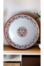 50 No kırmızı kenar Emaye Sini Sofra, Yemek Sunum Tepsi, Yer Sofrası Çinko ~48 Cm 1mm.KALIN ÜRÜN