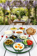 6 Parça Orta Boy,kapaklı,Desenli Emaye Kahvaltı Seti,Sunum,Kahvaltı Tabağı, Reçellik,Zeytin