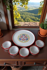6 Parça Orta Boy,kapaklı,Desenli Emaye Kahvaltı Seti,Sunum,Kahvaltı Tabağı, Reçellik,Zeytin