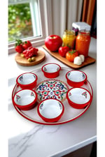 7 Parça Orta Boy Desenli Emaye Kahvaltı Seti,Sunum,Kahvaltı Tabağı, Reçellik,Zeytin, Peynir Tabağı