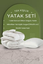 Tek Kişilik Yatak Seti: 1 adet Silikon Yastık + Tek Kişilik Elyaf Yorgan  +90x190 Elyaf Yatak Pedi
