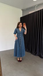 Azurre Blue Kemerli Denim Elbise Mavi 